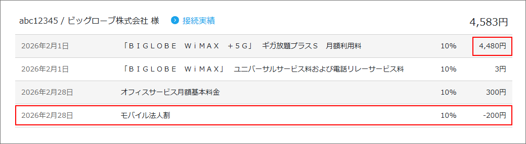 BIGLOBE WiMAX 料金明細(変更後)