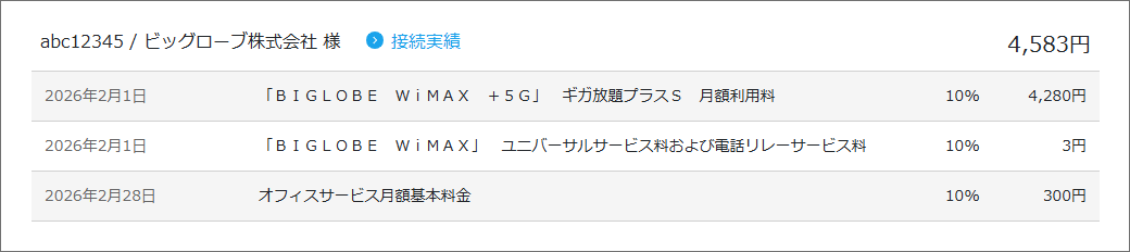 BIGLOBE WiMAX 料金明細(変更前)